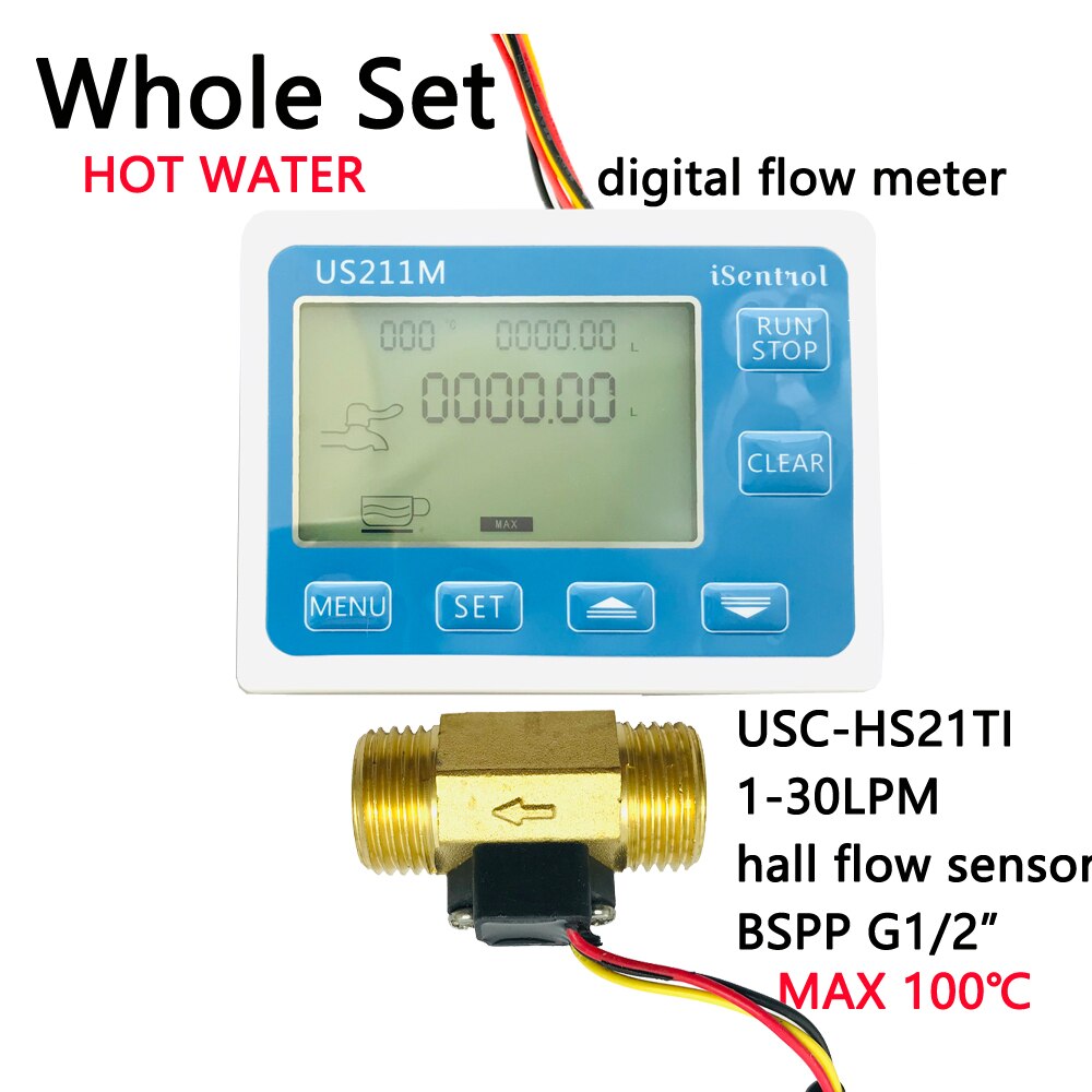 Water US211M Digital Water Flow Meter Hall Water Flow Sensor Reader with Brass USC-HS21TI 1-30L/min hall water flowmeter