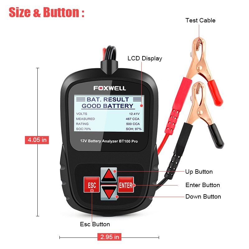 12v 1100 cca auton akun testauslaite analysaattori foxwell  bt100 pro tulville agm geeli autojen akkuanalysaattori monikielinen
