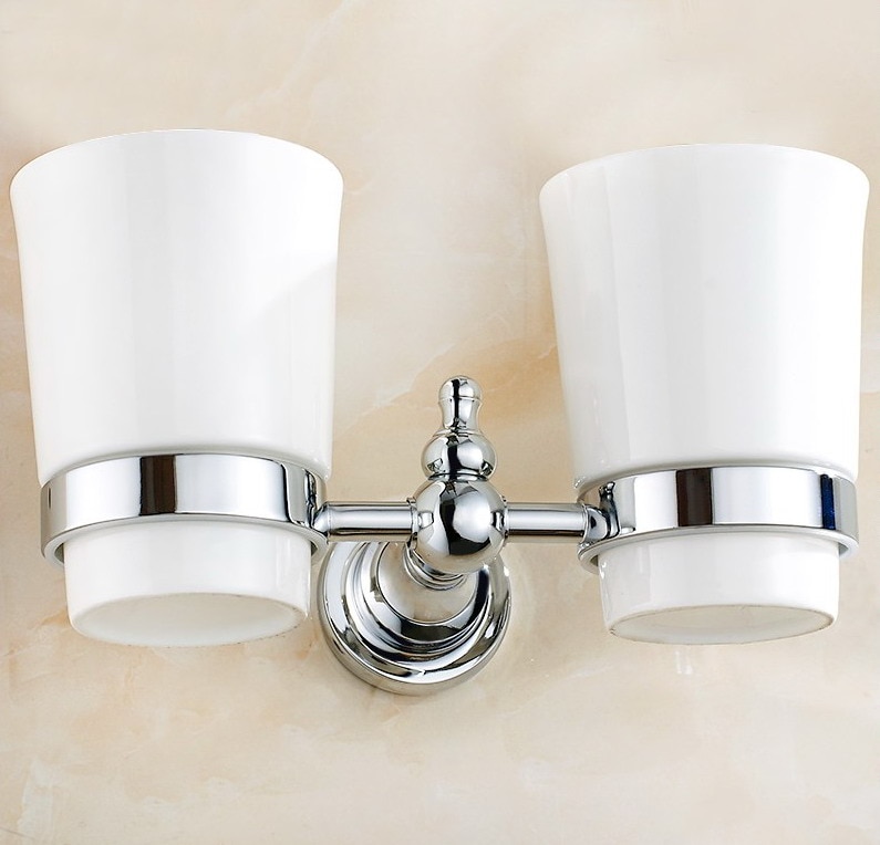 Polished Chrome Brass Wall Mounted Double Tumbler Holder White Ceramics Toothbrush Cup Bathroom Accessory aba908
