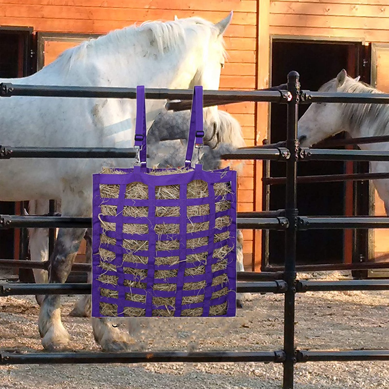 Slow Feed Set of Hay Bag and Hay Net for Horses, Adjustable Travel Feeder for Trailer and Stall Simulates Grazing