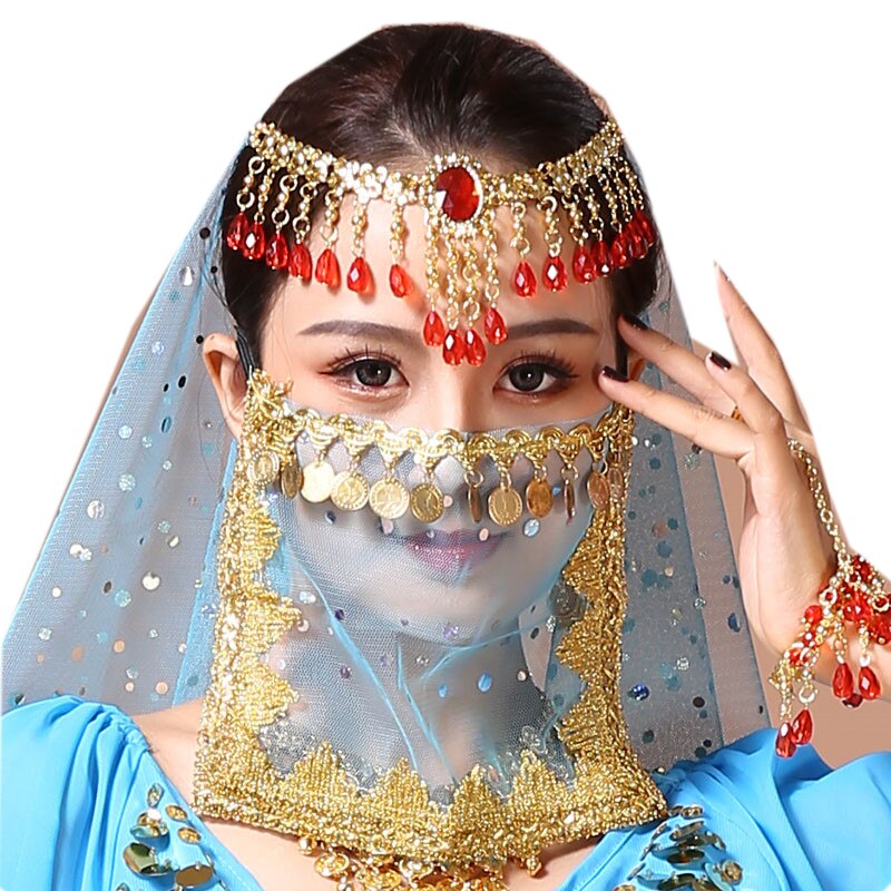 2pcs/pack Women's Belly Dance Tribal Face Veil Egyptian Mask Halloween Accessories Beautiful Sequin Tribal Dance Costume: Blue
