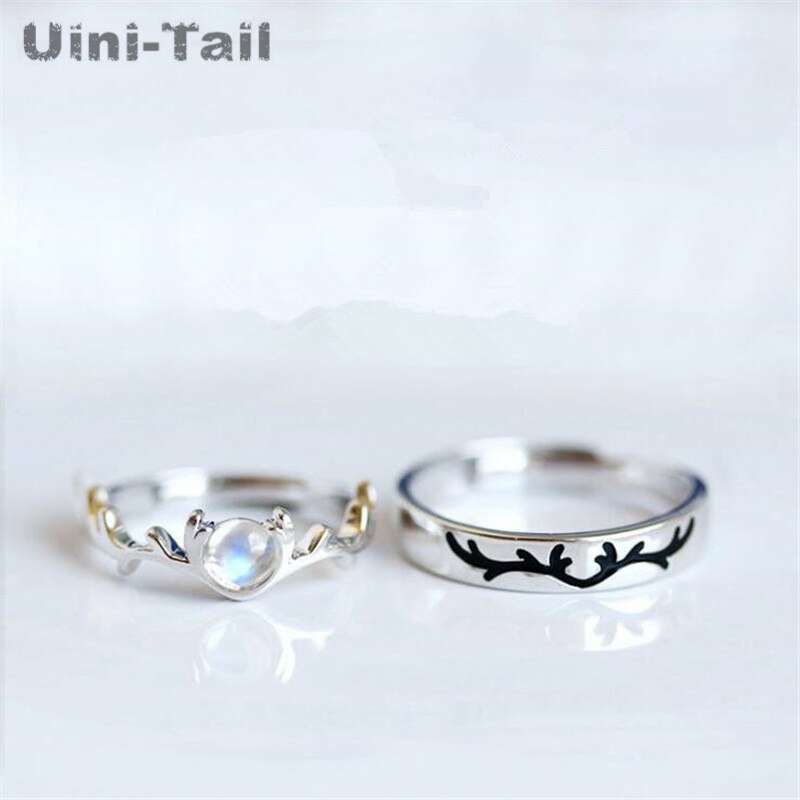 Uini-tail offre spéciale 925 en argent sterling un cerf a vous pierre de lune couple anneau ouvert simple doux de ED838: Men and Women