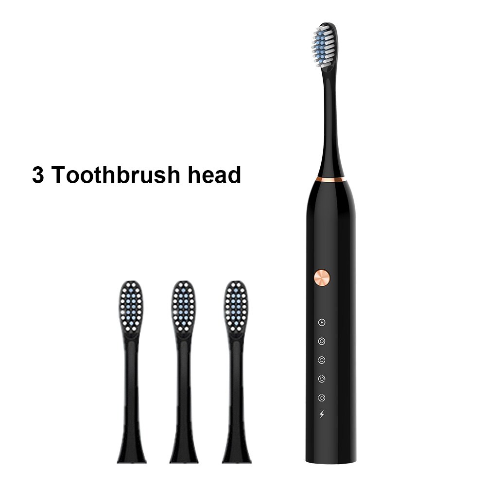 Powerful Ultrasonic Sonic Electric Toothbrush USB Rechargeable Toothbrush Adult Electronic Washable Whitening relax Teeth Brush: Black 3 Heads