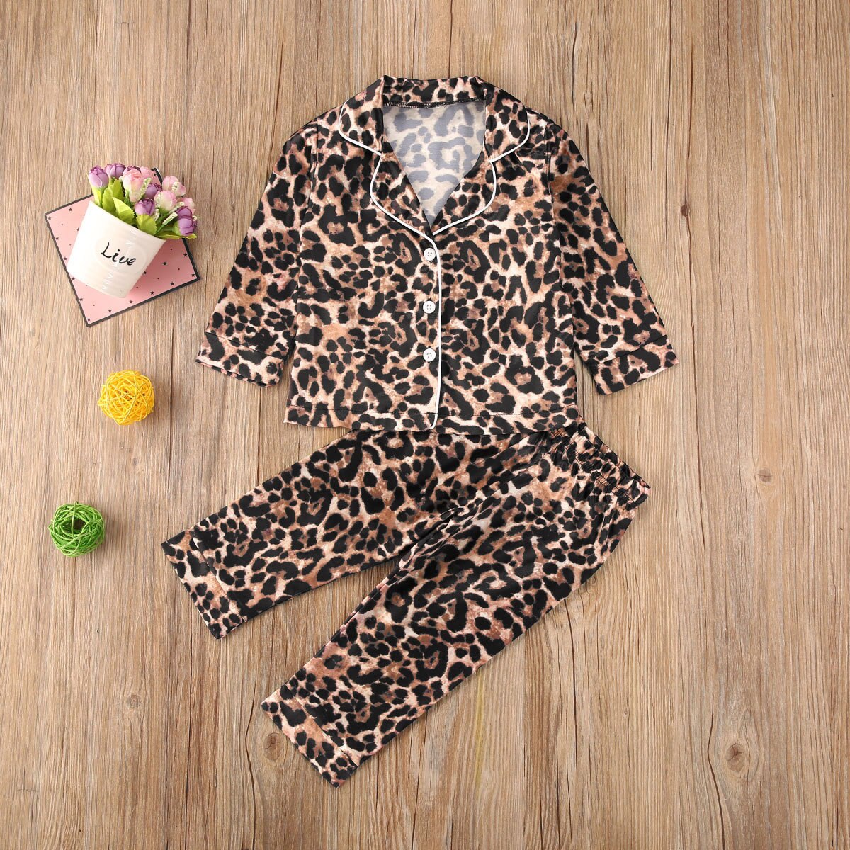 Little Kids 2 Stuks Pyjama Set Leopard Patroon Korte/Lange Mouwen Button-Down Kraag Top Korte/Lange elastische Band Broek Sleepwears