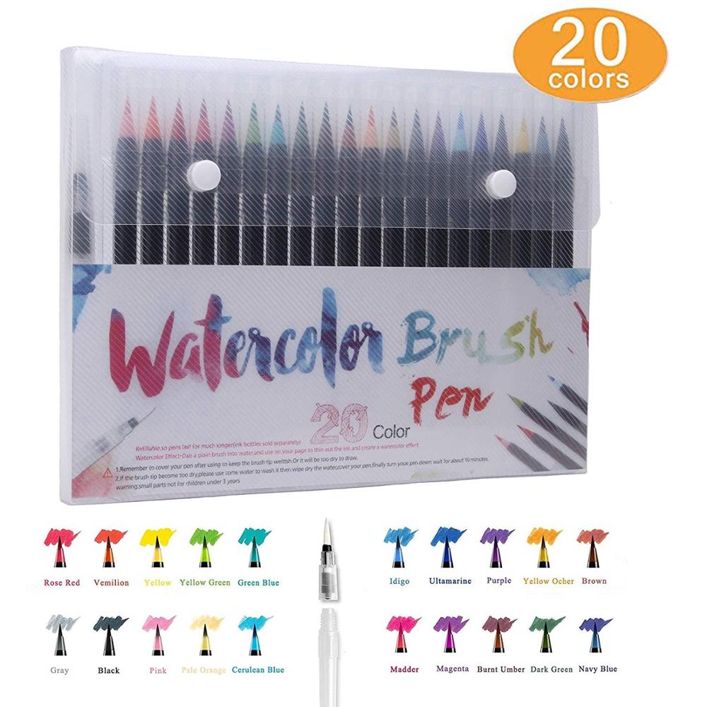 Juego de pinceles de acuarelas de 20 colores con bolígrafo recargable para colorear con agua, para dibujar, pintar, caligrafía, arte, para niños, A6901
