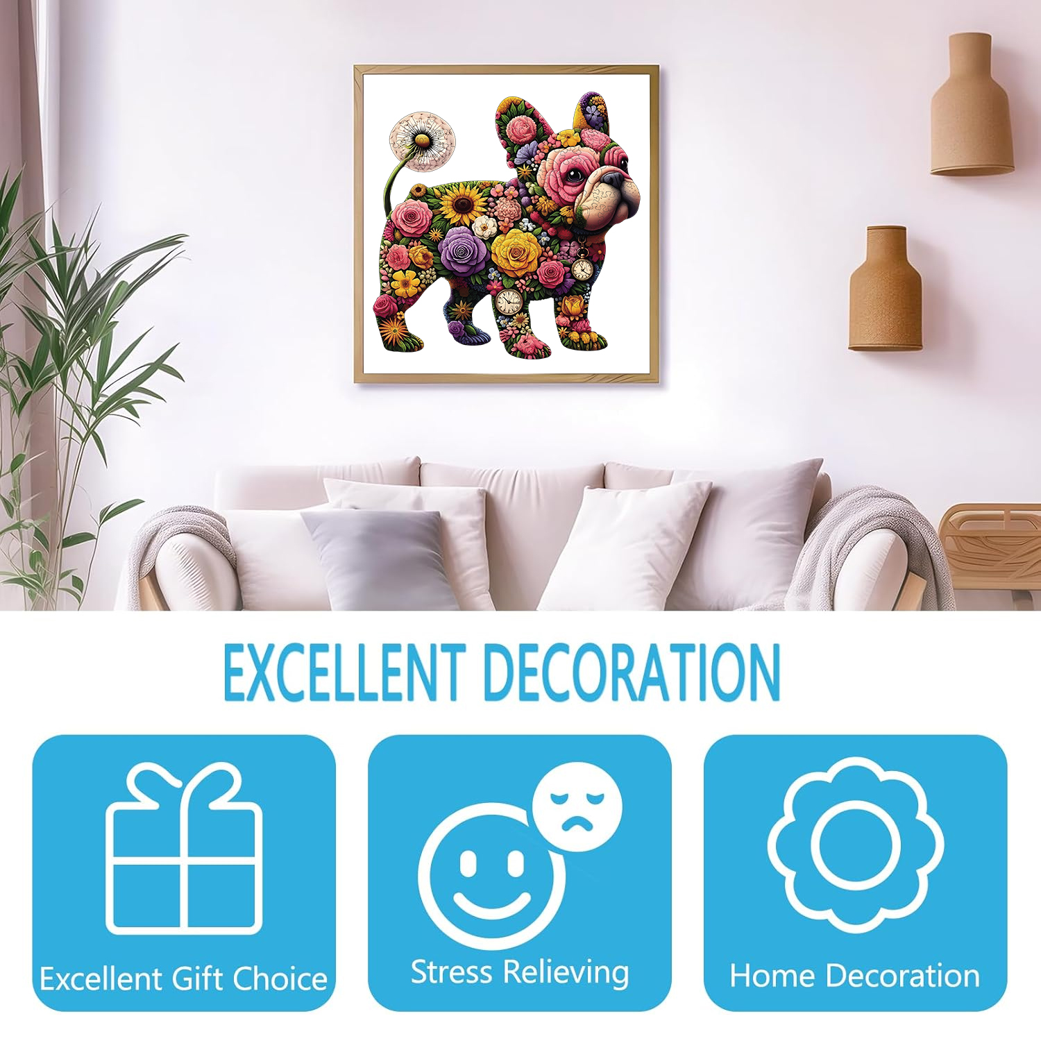 Puzzle in legno per adulti, puzzle colorati con bulldog e fiori, un regalo speciale per amici e familiari, arte moderna per la casa.