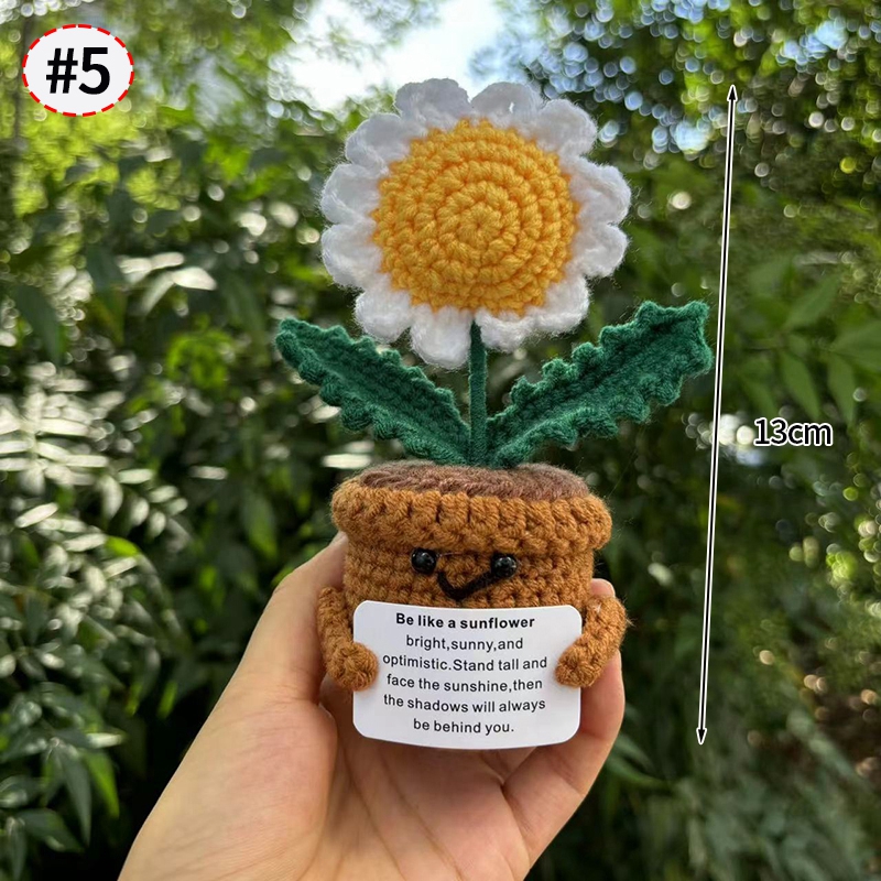 Flor de ganchillo hecha a mano, adorno de lana tejido en maceta de girasol, decoración divertida para aliviar el estrés con tarjeta positiva: Gris oscuro