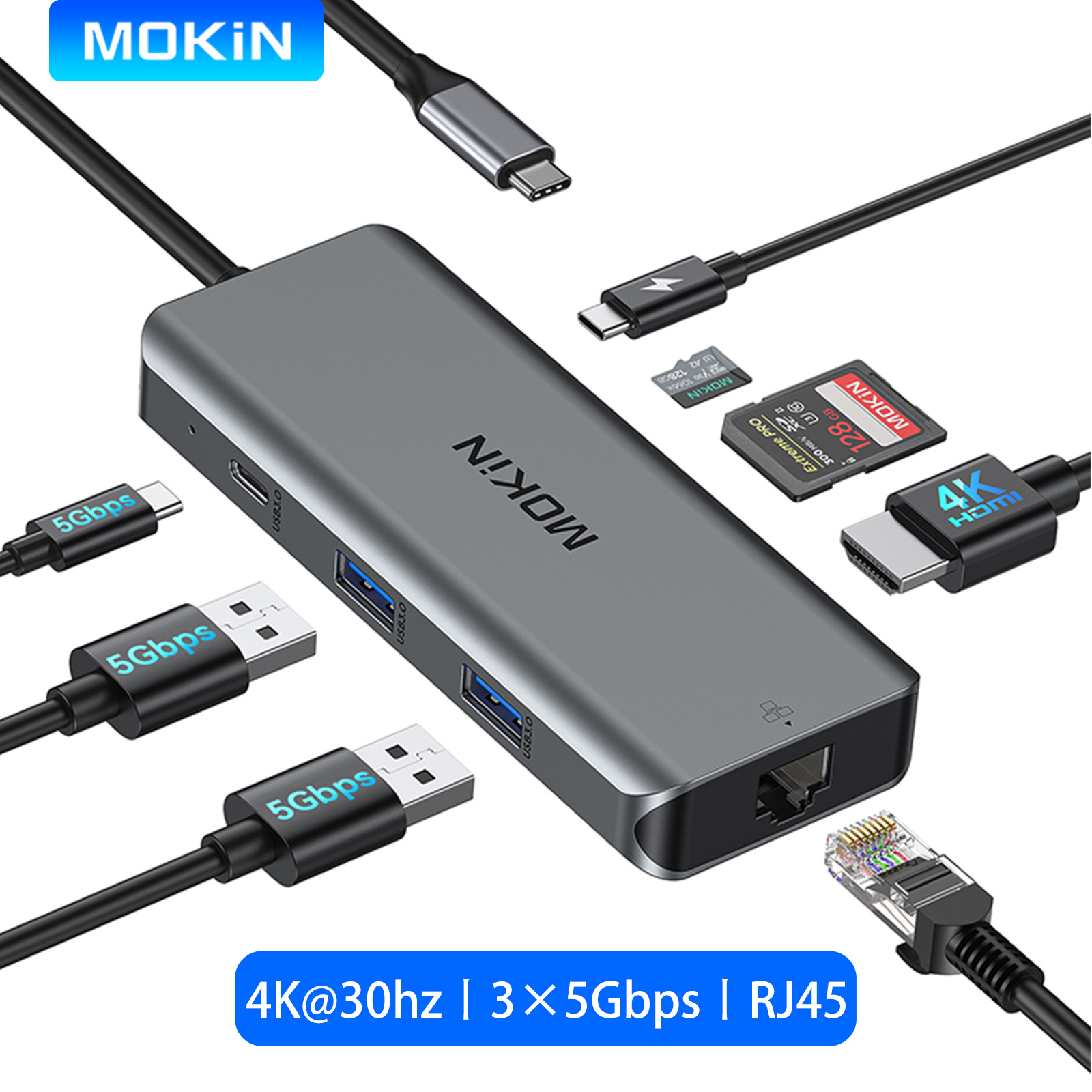 MOKiN USB Hub Type C to 4K HDMI 1000Mbps RJ45 Gigabit Ethernet USB 3.0 USB-C PD100W Charge Adapter for Macbook Pro Air Laptops