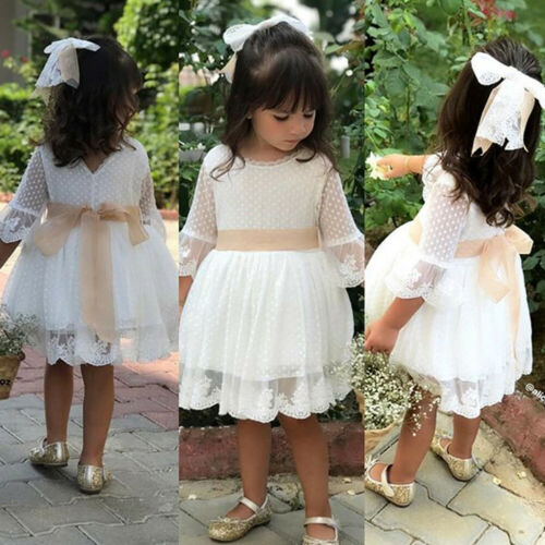 Forårspiger brudepige hvid kjole baby toddler børn knælang fest blonder langærmet sløjfe bryllup prinsesse kjoler