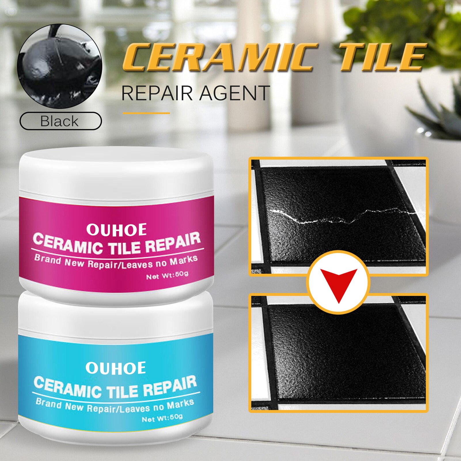 Ceramic Tile Repair Agent Ceramic Paste Floor Tile Adhesive Bathroom Closestool Marble Pit Glazed Fix Repair Paste: Black