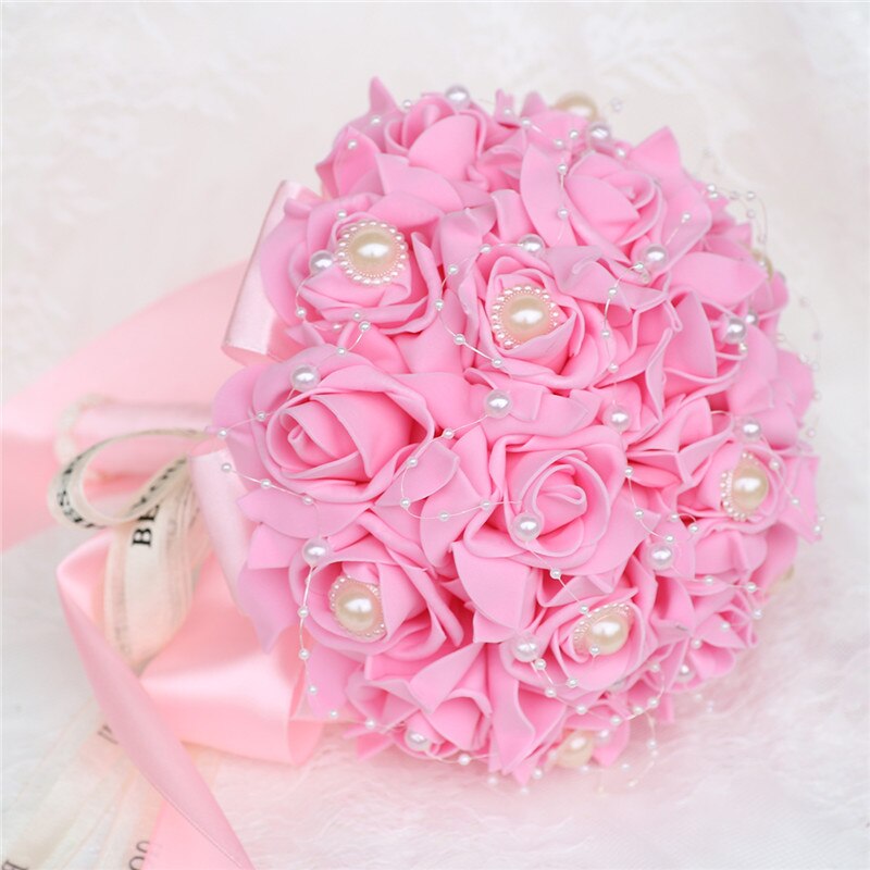 Fleur Rose PE Bouquet demoiselle d'honneur tenant des fleurs mariée ruban De soie Bouquets De Mariage mousse Rose avec perle fête De Mariage W205
