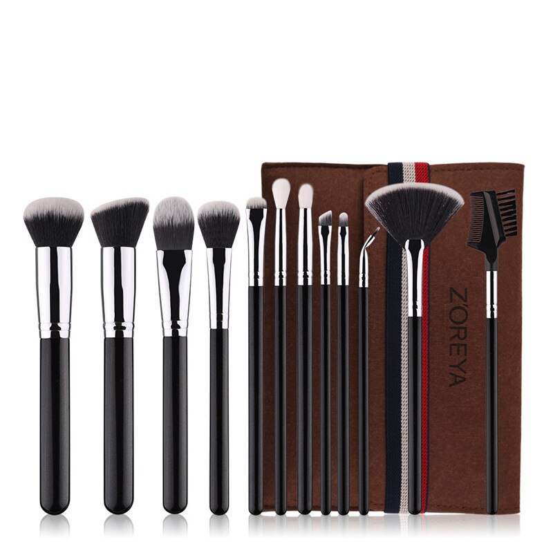 Zoreya merk 12 stuks zwarte make-up kwastenset foundation poeder blending oogschaduw bend eyeliner basis cosmetische kwasten: Zwarte borstel met tas