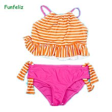 Funfeliz Children Swimwear Striped Two Pieces Swimsuit for Girls Double Lined 4T-12T Kids Bather Girl swimming suit Bikini Set