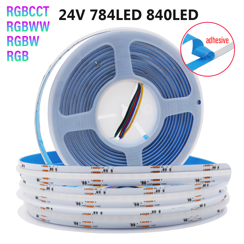 RGBCCT RGBW RGBWW RGB COB tira de luz LED 24V 840 784LEDs/m cinta Flexible de alta densidad luces lineales COB regulables 1M 2M 3M 4M 5M