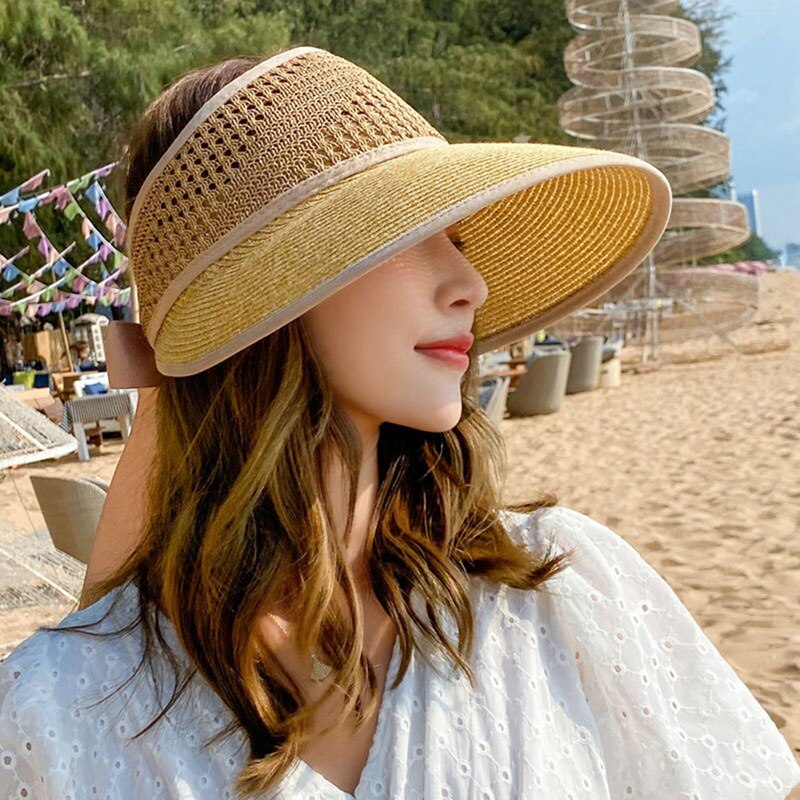 Foldable Summer Women's Sun Hat Bucket Cap Lace Bowknot Flowers Ribbon Flat Top Panama Soft Straw Hat Beach Caps: KK