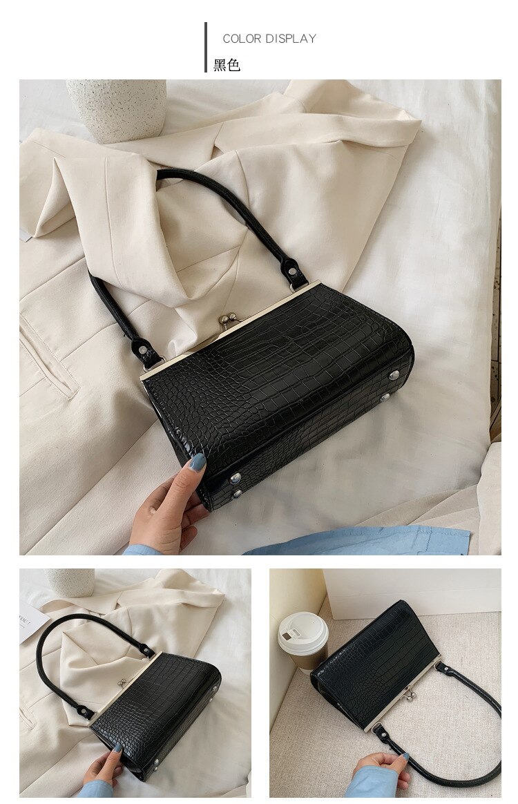 Kvindelige crossbody tasker til kvinder ensfarvet krokodillemønster håndtasker pu læder retro dame skuldertasker: Sort