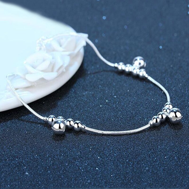 925 Silver Chain Anklets for Women Party Bead Bell Ankle Bracelet Foot Jewelry Girl Best