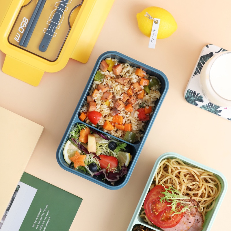 Lunch Box Separate Compartments Children School Bento Box Food Container Microwave Dinnerware Lunch Box with Tableware (850ML)