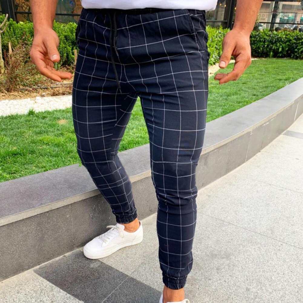 Men Plaid Print Drawstring Elastic Casual Slim Fits Pencil Pants Trousers