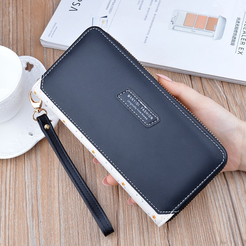 Dames portemonnee lange portemonnee rits handtas koreaanse eenvoudige contrasterende kleur portemonnee grote capaciteit zachte leren mobiele telefoon tas: Zwart