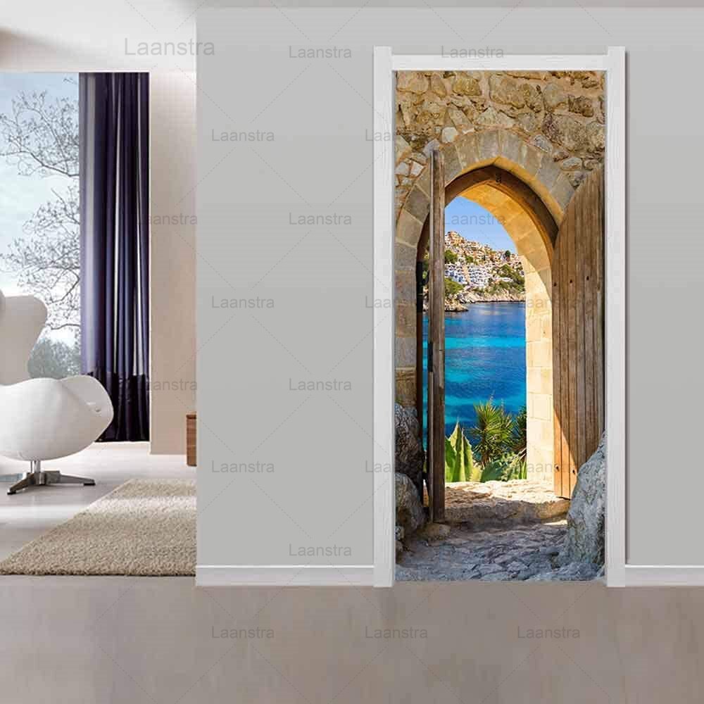 Retro Roman Home Decoration Door Stickers Landscape Bedroom Door Outside The Arches Room Self-Adhesive Waterproof Wall Poster