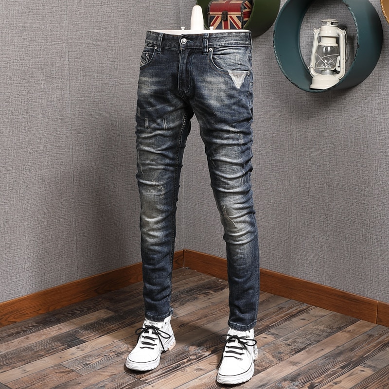 Italiensk stil mænd jeans retro mørkeblå slim fit ripped denim vintage bukser – Grandado