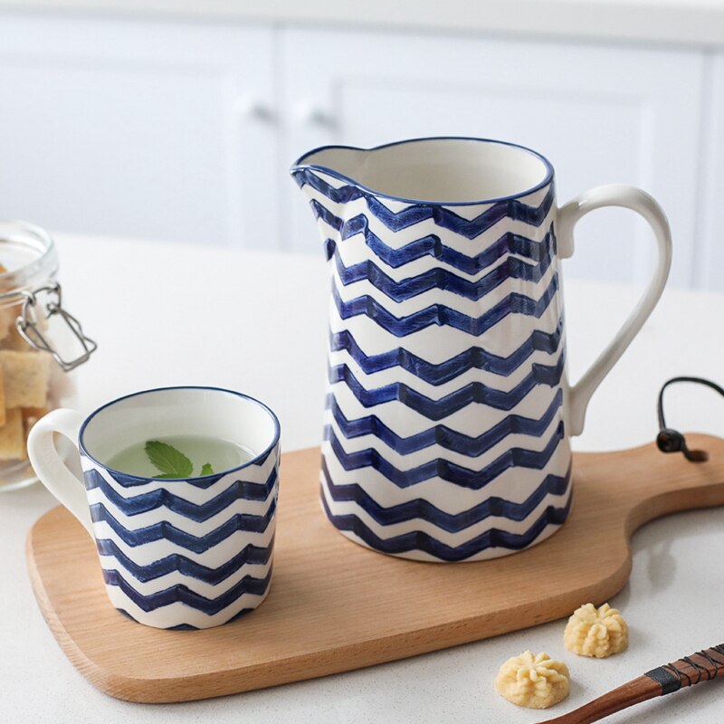 Pichet à eau en céramique bleu 1,5 l, bouteille de jus de thé au lait, Pot d&#39;eau de cuisine domestique, bouilloire, tasse, Pot d&#39;eau pour micro-ondes