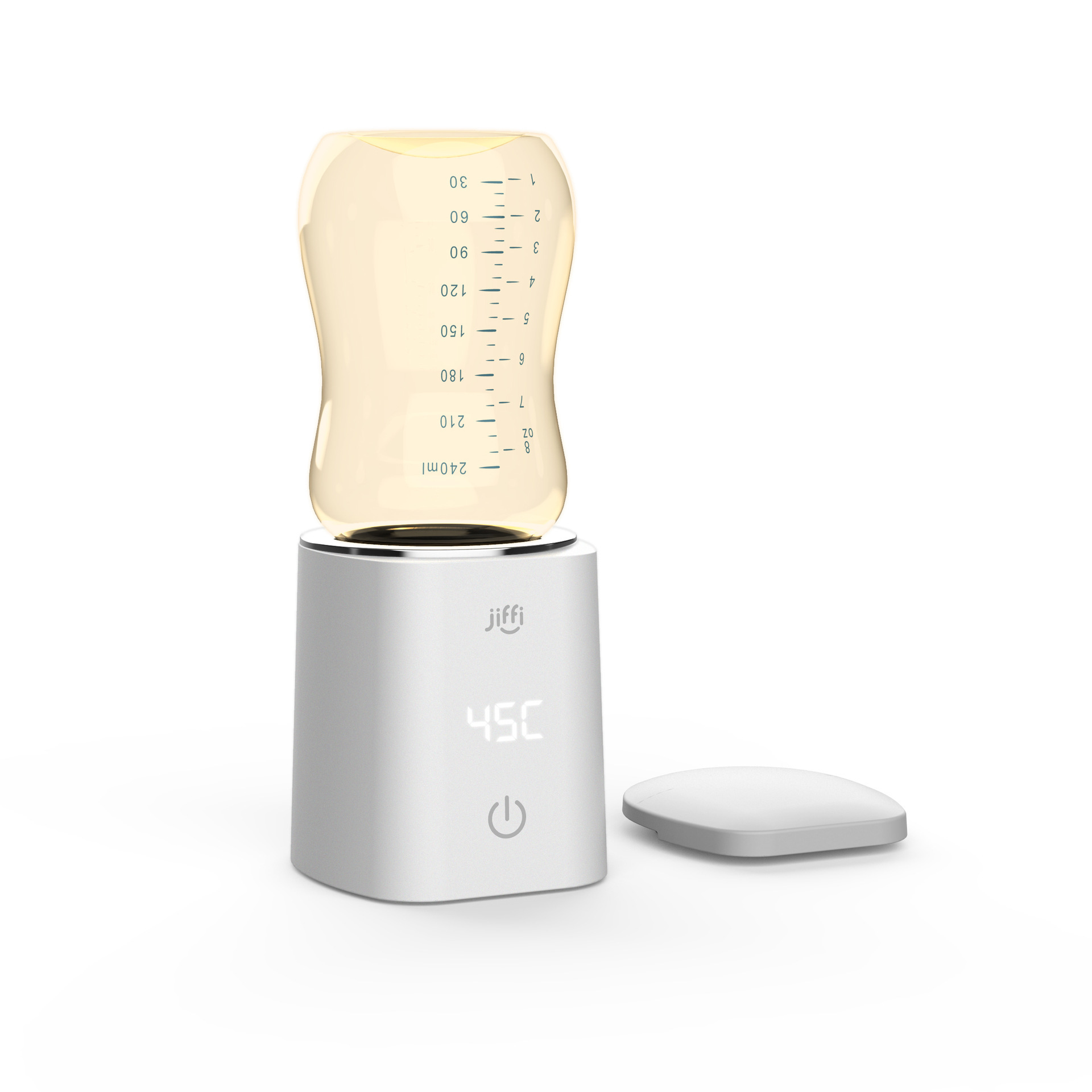 Jiffi tragbarer milchwärmer für den heimgebrauch mit automatischem thermostat, vier heizstufen und ein-knopf-bedienung.