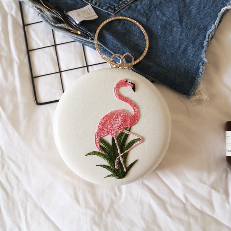 Women's Round Evening Bag - Vintage Style - Flamingo Embroidery - PU Leather - Chain Strap: White