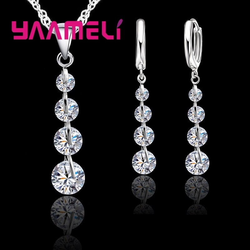 925 Sterling Silver Bridal Jewelry Set Ladies Women Tassel Cubic Zircon Pendant Necklace Earrings Sets Wedding: White