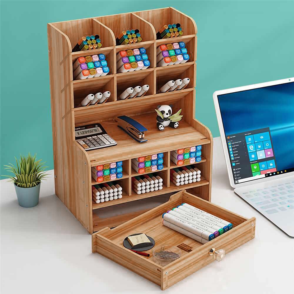 Desk Organizer Multi-Functional Wooden DIY Pen Holder Ox Desktop Stationary Home Holder Office Desktop Storage Shelf
