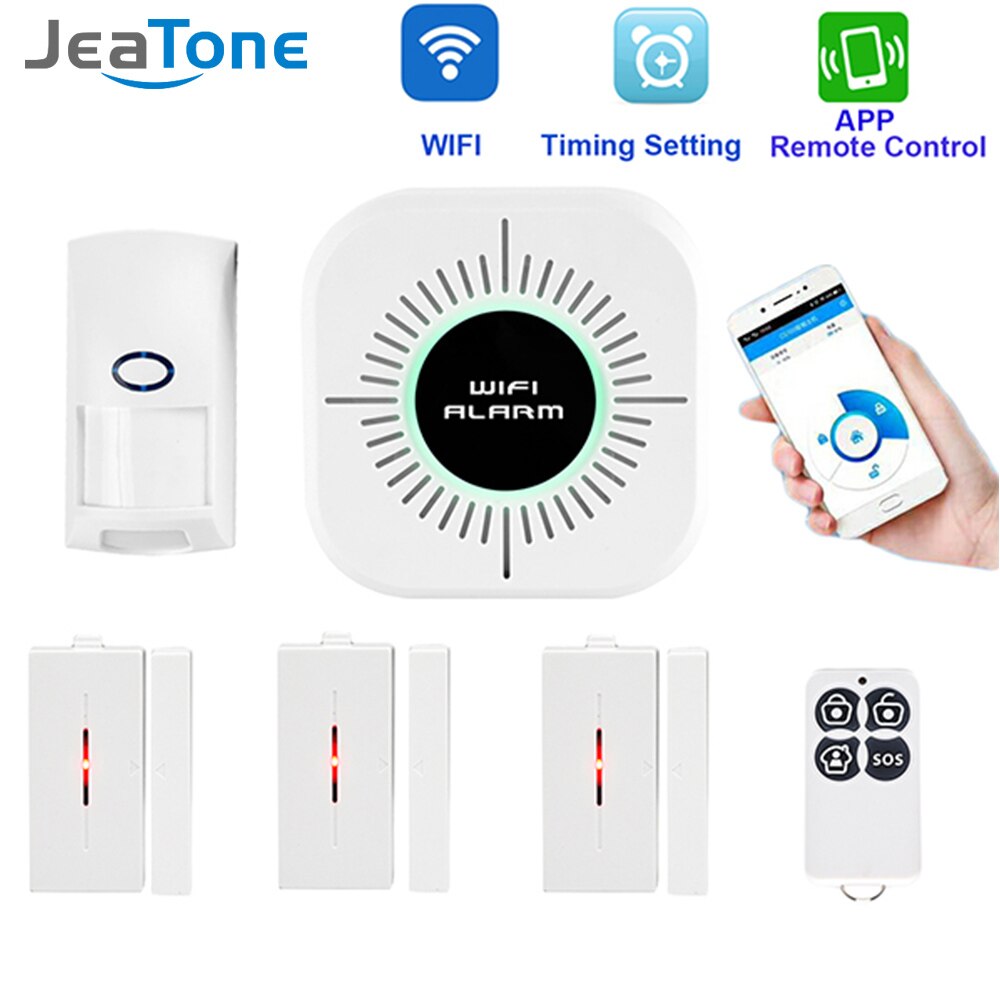 Jeatone draadloos huis inbreker wifi alarmsysteem beveiliging app controle engels android ios pir-sensor deur raam detector alarm