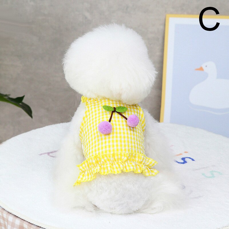 Ropa de verano para perros, vestido de tirantes de cereza a cuadros, falda fina con protector solar para perros pequeños, disfraz de Chihuahua, Bichon, caniche, vestidos para cachorros y mascotas: C / L