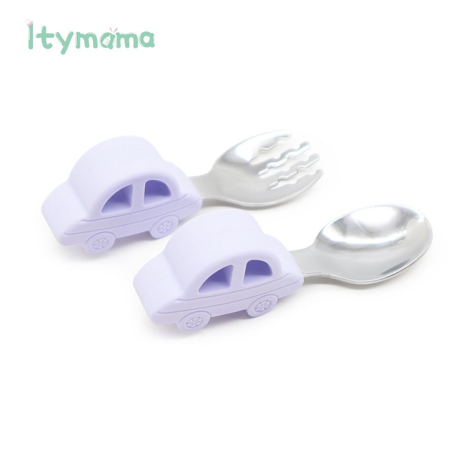 Baby matsked gaffel servis set rostfritt stål baby träning sked bil silikon handtag småbarn servis matningsverktyg: Lila sked gaffel