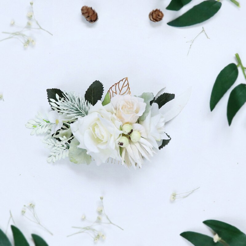 Acessórios para o cabelo de noiva placa plugue do cabelo pente artesanal simulação de pano flor bud pente de cabelo praia palha chapéu decoração: WHITE