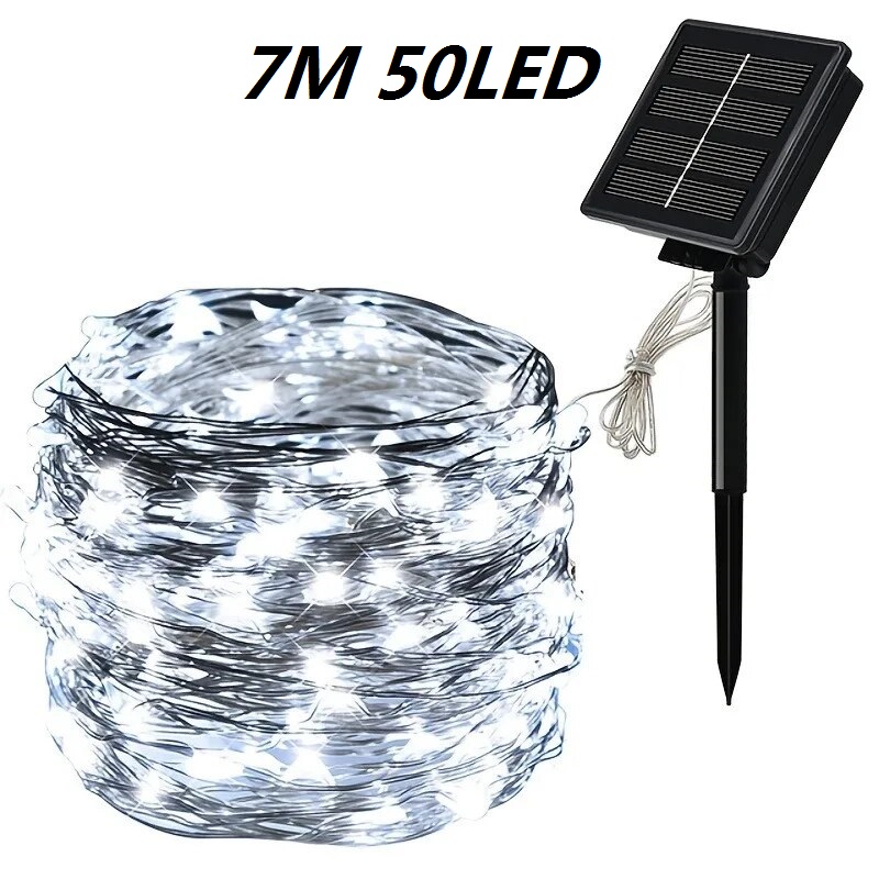 1 jeu de guirlandes lumineuses solaires pour l'extérieur, fil de cuivre étanche à 8 modes, lumière de conte de fées, lumière de noël, utilisée pour le jardin extérieur: orange