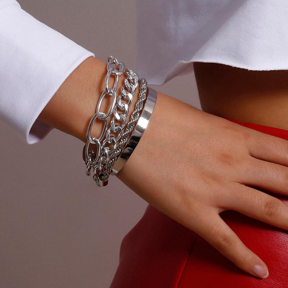 SHIXIN Hip Hop Chunky Chain Bracelets Bangles Set for Women Punk Gold/Silver Color Charms Bracelet Girls Hand Chain