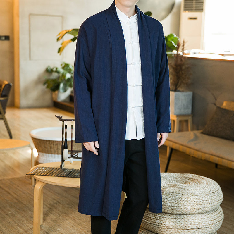 Abrigo largo sin botones para hombre, chaqueta de lino de talla grande, vestido tradicional chino, bata taoísta, ropa de primavera y otoño, 2022: Navy blue / M