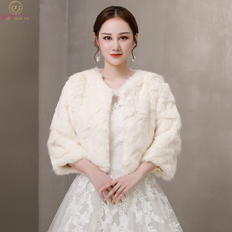 Three Quarter Sleeve Ivory Formal Party Evening Jackets Wraps Faux Fur Wedding Capes Winter Women Bolero Shawls