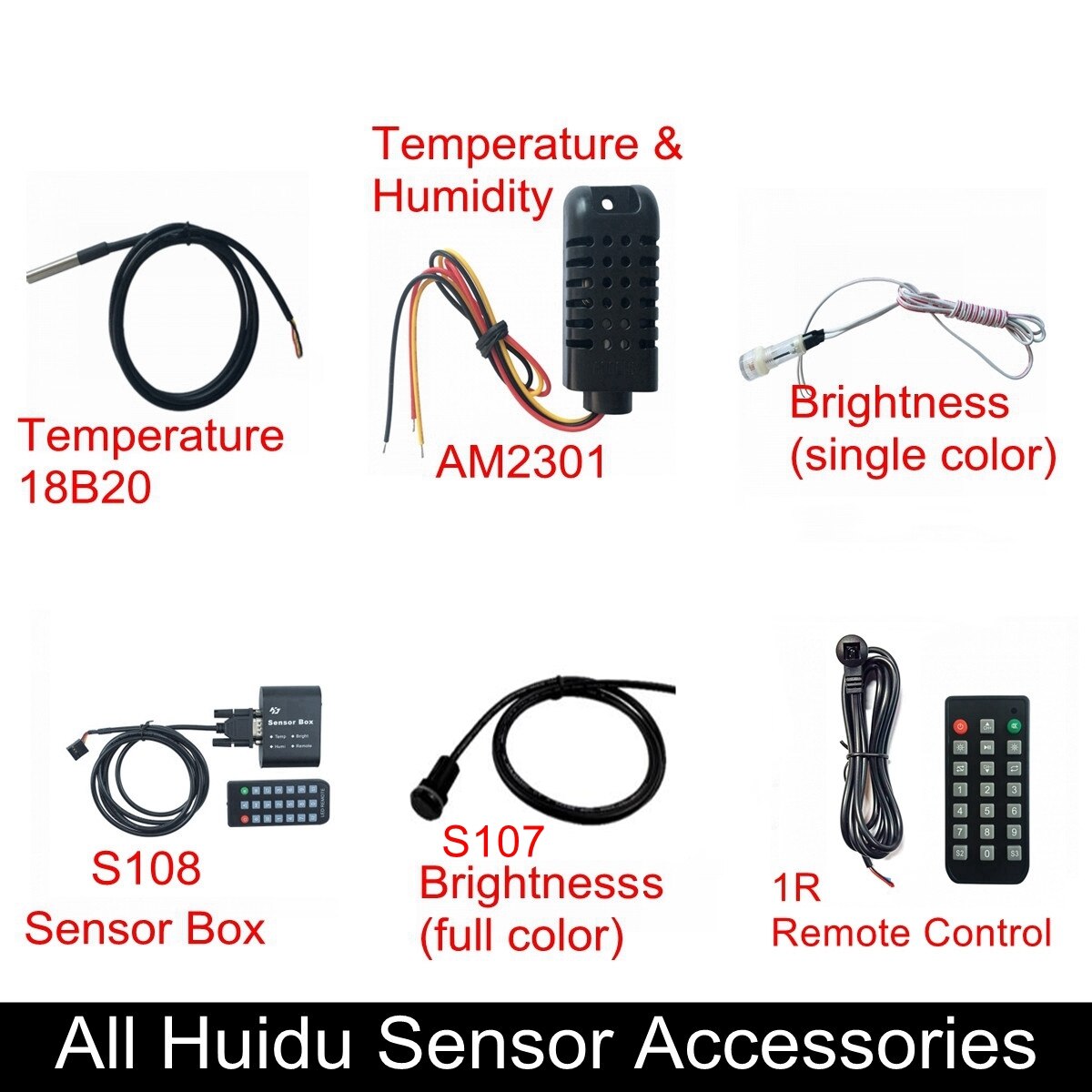 Huidu-Sensores de temperatura y humedad AM2301, dispositivo con brillo único RGB, S107, S108, caja 1R, mando a distancia, 18B20