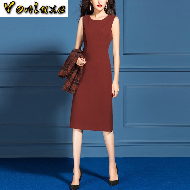 Trajes elegantes de oficina para mujer, ropa Formal de negocios, chaqueta Blazer a cuadros Vintage, vestido de talla grande hasta la rodilla, conjunto de 2 piezas