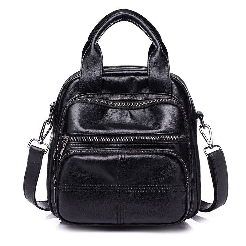 Plusieurs fermetures à glissière et plusieurs poches Vintage femmes en cuir sac à dos multifonction Portable femmes épaule loisirs sacs de créateurs: black
