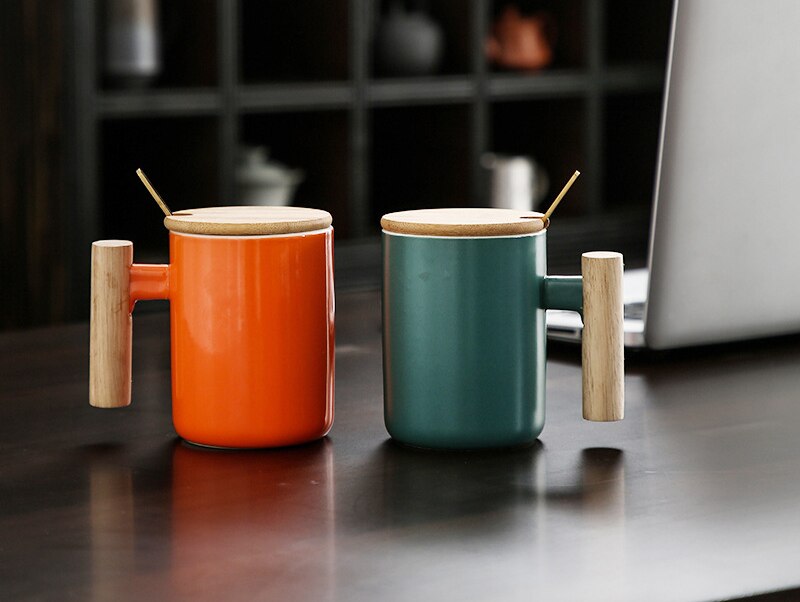 400ml trehåndtak farget glasur keramisk krus, moring krus med lokk, melk kaffe te unike porselenskopper drinkware