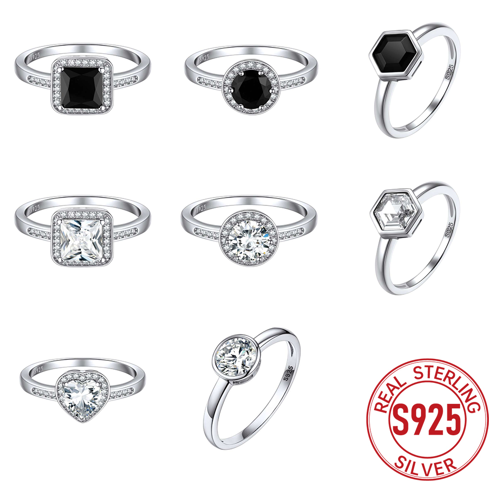 Anillos de boda de Plata de Ley 925 para mujer, talla 5 -12, cristal blanco y negro, Halo CZ, joyería delicada de aniversario, para ella QC25