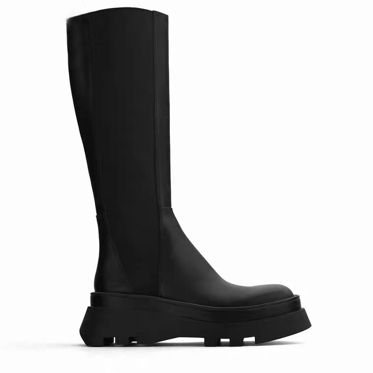 Winter dameslaarzen zwarte gegroefde zool schoorsteenlaarzen platte leren laarzen kniehoge laarzen merk