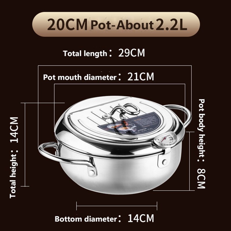 20 24cm pentola giapponese per friggere con termometro e coperchio pentole in acciaio inossidabile pentola per friggitrice Tempura per forniture da cucina domestiche: S