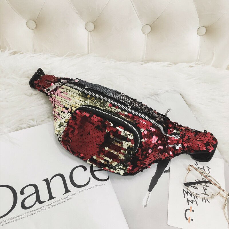 Modern Women Lady Reversible Mermaid Sequin Glitter Waistbag Fanny Chest Bag Travel Hiking Outdoor Bag: Red