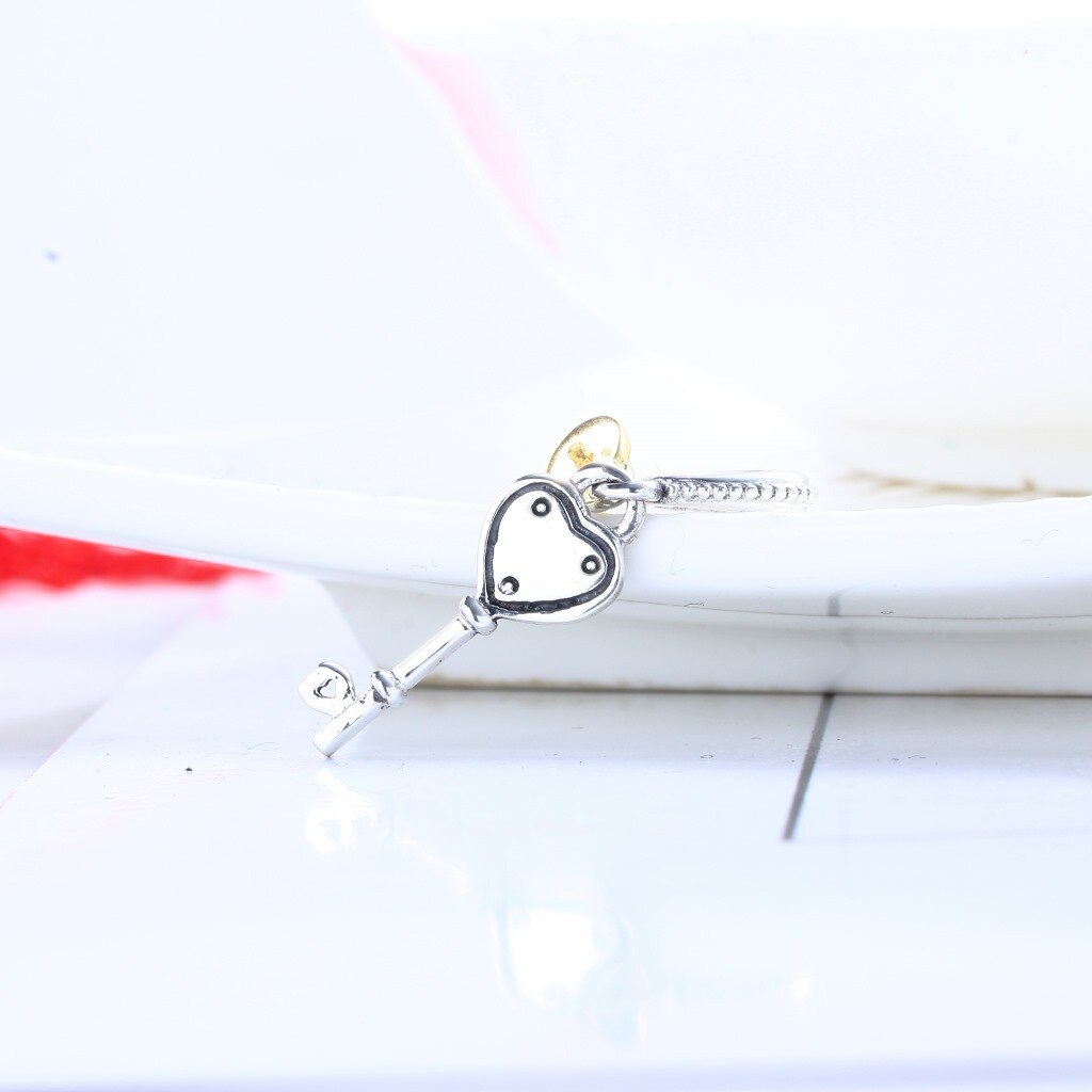 genuino 925 sterlina d'argento perlina Oro di colore Chiave del Mio Cuore di Amore Del Pendente Misura Branelli padella Braccialetto e la Collana Fai Da Te gioielli