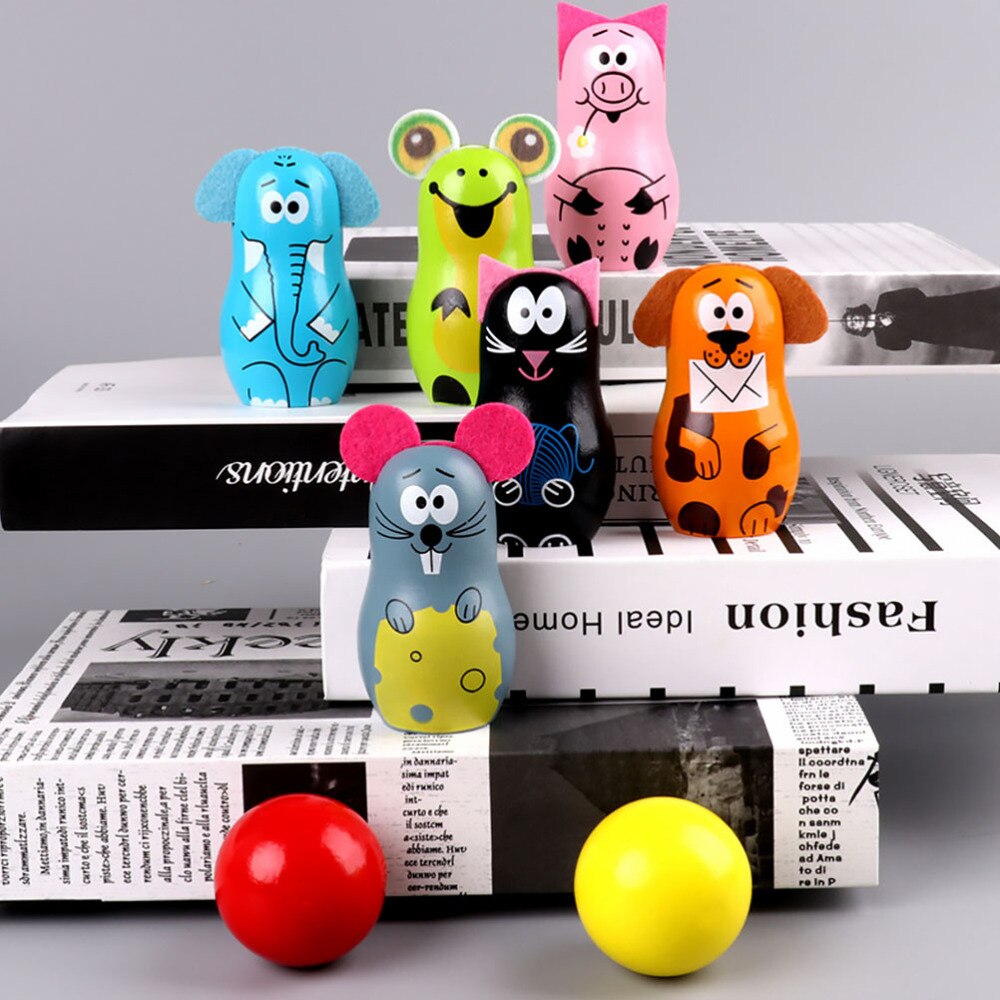1 Set Children Bowling Set Wooden Bowling Games Cartoon Bowling