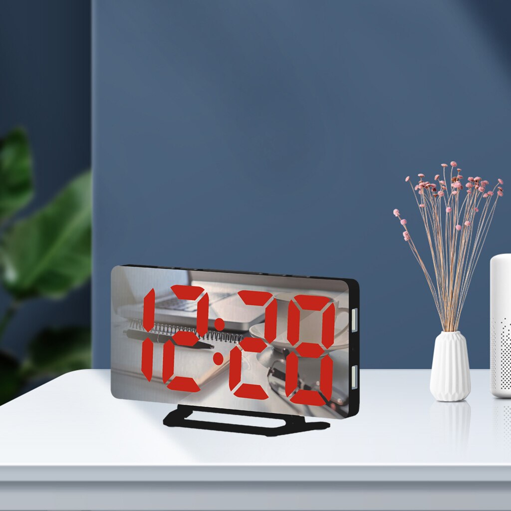 Digital Alarm Clock, LED Mirror Electronic Clocks, with 2 USB Charging Ports,Modern Desk Wall Clocks for Bedrooms Office